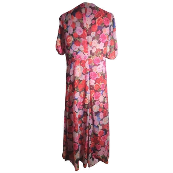 Ieena Mac Duggal Multicolor Floral Print Front Tie Puff Sleeve Flowy Midi dress - Picture 7 of 8